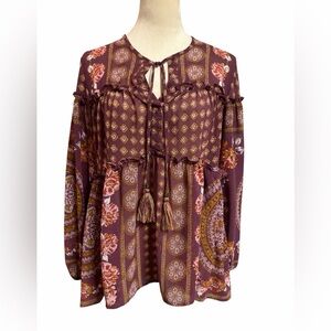 Knox Rose Burgundy and Gold Boho Blouse
